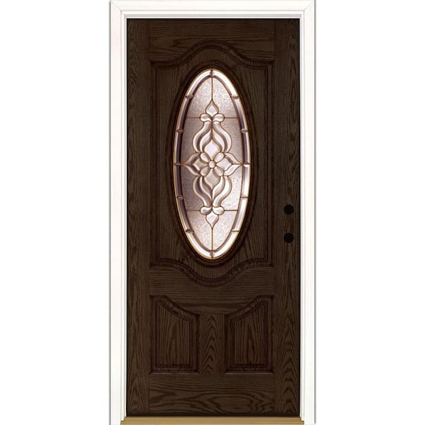 Feather River Doors 37.5 in. x 81.625 in. Lakewood Brass 3/4 Oval Lite Stained Walnut Oak Left-Hand Inswing Fiberglass Prehung Front Door