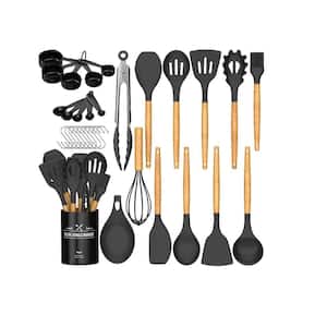 Aoibox 33-Piece Silicon Cooking Utensils Set with Wooden Handles and Holder for Non-Stick Cookware, Gray