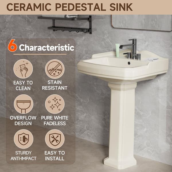 23" W x 19.25" D Pedestal Bathroom Sink Combo in Bone Rectangular Vitreous China Sink with Overflow and 3 Faucet Holes