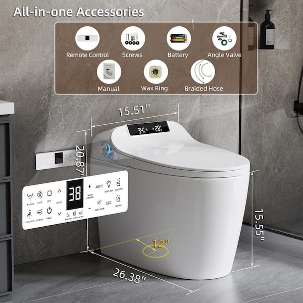 Smart Toilet Bidet Combo with Auto Flush, Foot Sensor, Heated Seat, Self-Cleaning Nozzle, Remote Control