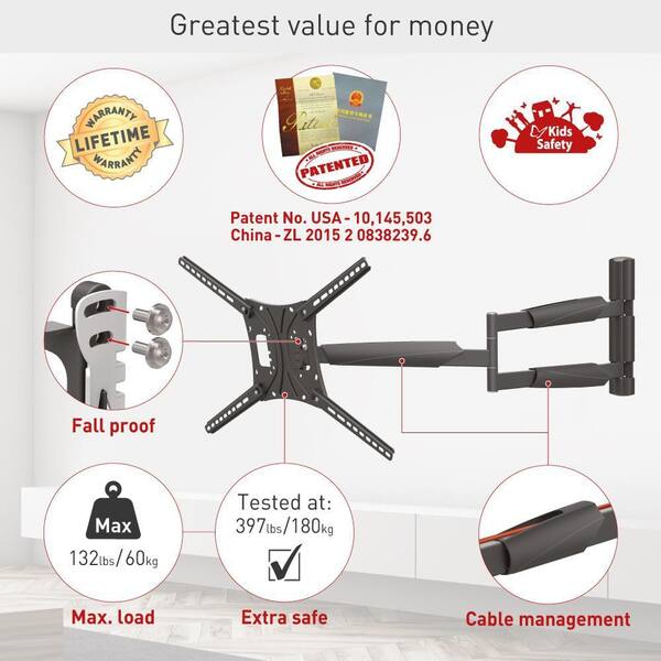 Barkan Long TV Wall Mount, 13-75 inch Full Motion Articulating - 4 Motion Premium Flat/Curved Screen Bracket, Holds Up to 43 Kg, Extremely Extendable, Suitable for LED OLED LCD