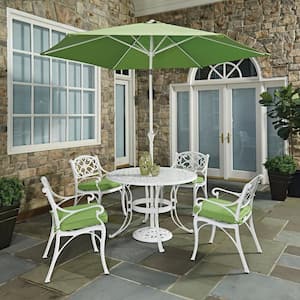 Sanibel White 7-Piece Cast Aluminum Round Outdoor Dining Set with Green Cushions and Umbrella