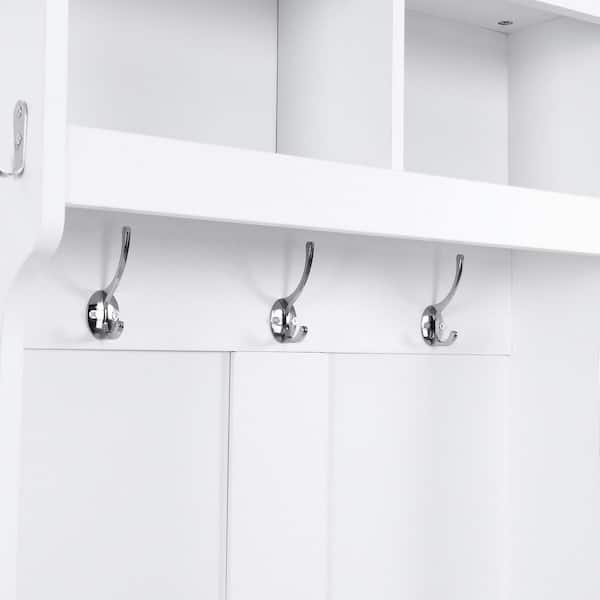 White Hall Tree with Storage Bench, Coat Rack, and Shoe Cubbies