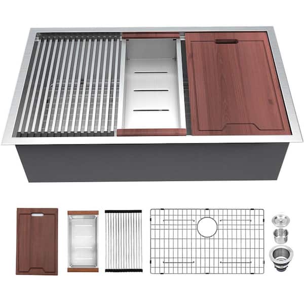 33 in. Undermount 16-Gauge Single Bowl Stainless Steel Workstation Kitchen Sink with Cutting Board, Colander and Grids
