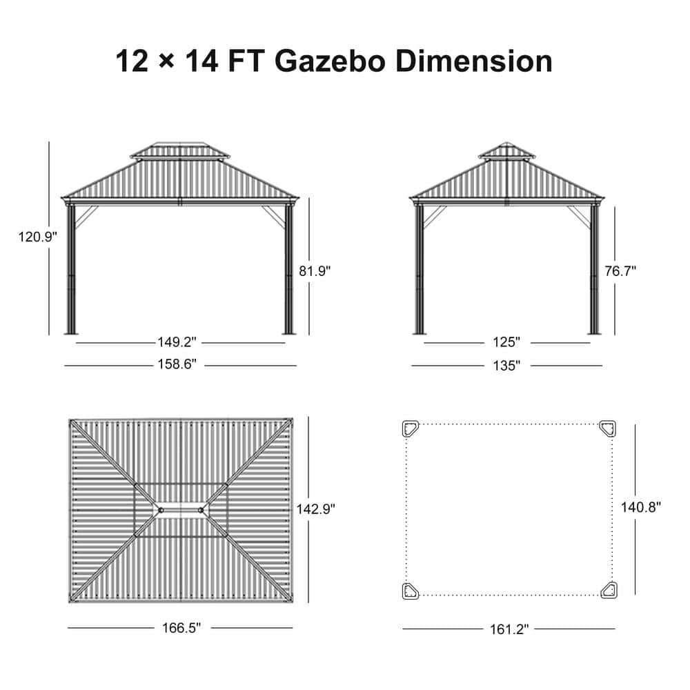 12' x 14' Gray Aluminum and Steel Hardtop Gazebo with Curtains