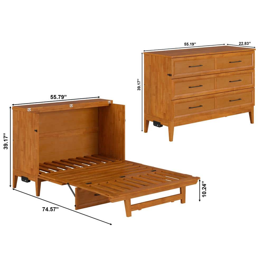 Light Toffee Full Wood Murphy Bed Chest with Mattress and USB Charger