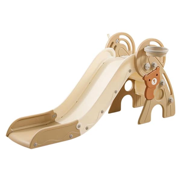 4-in-1 Toddler Slide with Basketball Hoop, Freestanding Plastic Play Slide for Kids Indoor and Outdoor Use (Brown)