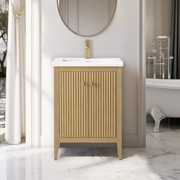Vanity Art 24 in. W x 18.5 in D x 34 in. H Single Sink Bath Vanity Cabinet in Linear Natural Oak with White Ceramic Top