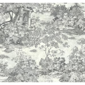 60.75 sq. ft. Metallic Charcoal Morin Fountain Toile Unpasted Paper Wallpaper Roll
