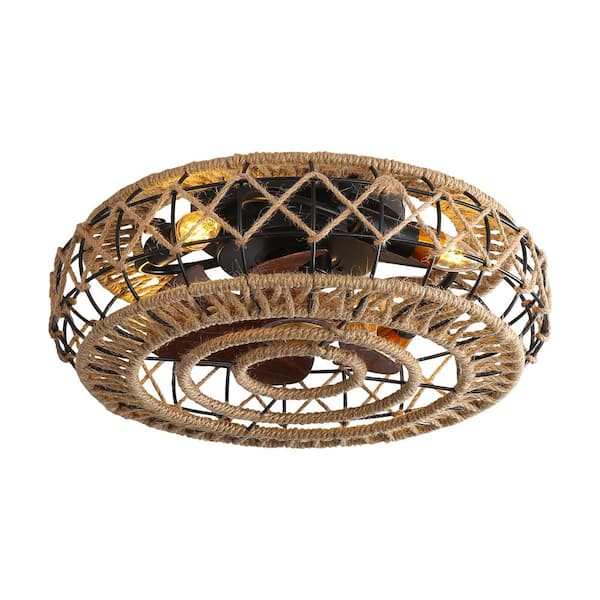 OLUZO 20 in. Indoor Boho Brown Caged Ceiling Fans with Lights and Remote, 6-Speed Enclosed Low Profile Rope Ceiling Fan