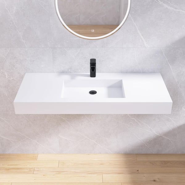 47 in. x 19 in. Solid Surface Wall-Mounted Bathroom Vessel Sink in White with Faucet Hole