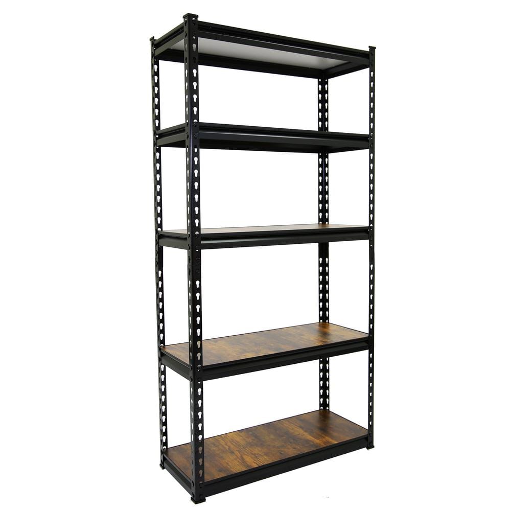 Adjustable 5-Tier Black Metal and Wood Storage Shelving