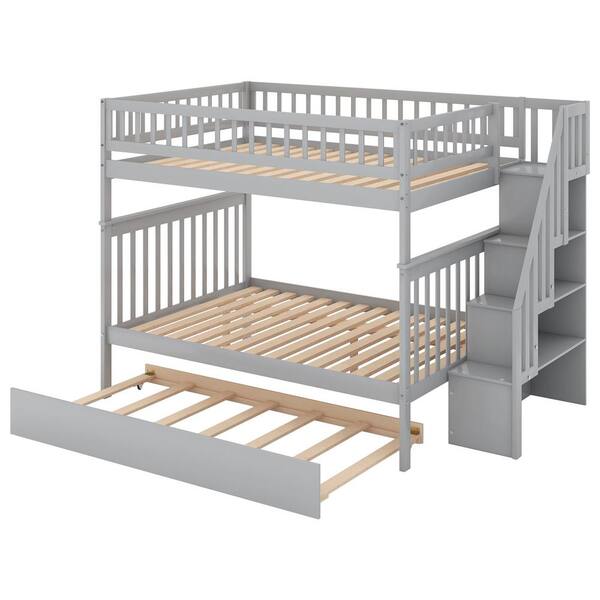 URTR Full Over Full Bunk Beds with Trundle and Stairs,Detachable Wood
