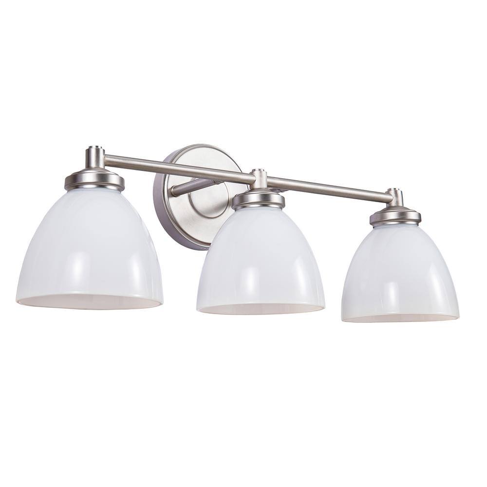 Brushed Nickel 3-Light Vanity Light with White Glass Shades