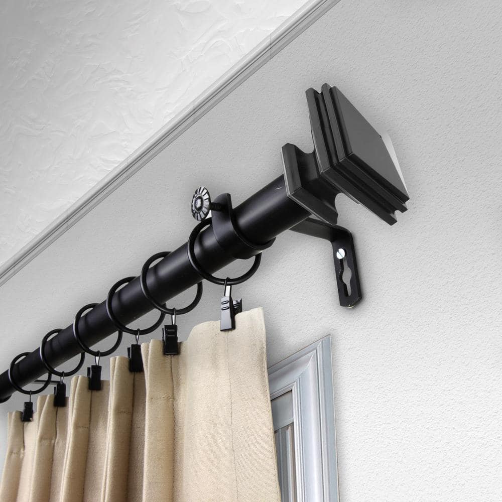 Black Steel Adjustable Single Curtain Rod with Box Finial