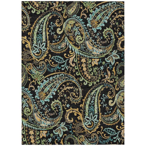 Black, Gold 9 ft. x 12 ft. Woven Paisley Polyester Rectangle Indoor / Outdoor Area Rug