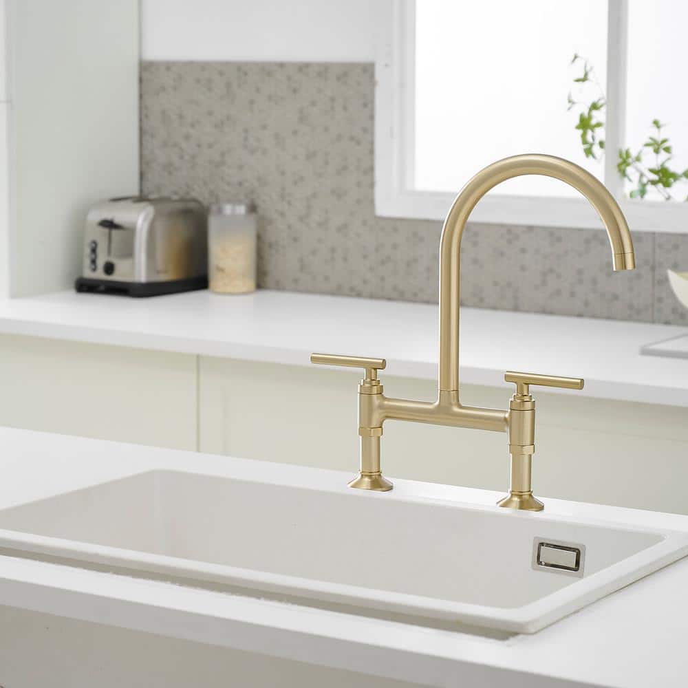 Brushed Gold Double Handle Bridge Kitchen Faucet