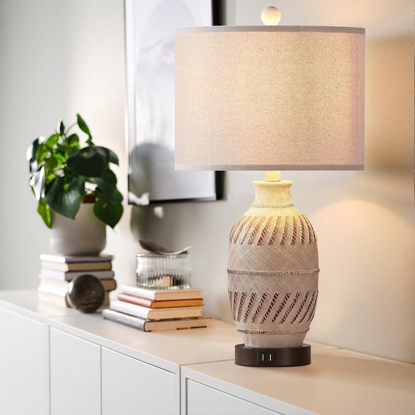 2 textured taupe and white ceramic Table store Lamps