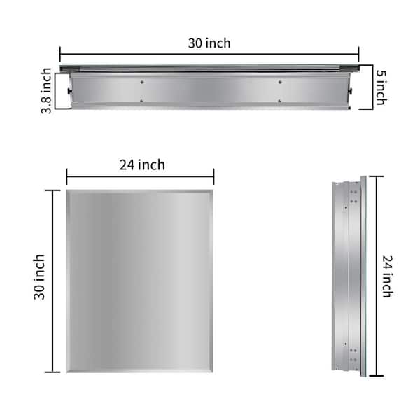 Classic 24 in. W x 30 in. H Rectangular Aluminum Surface Recessed Mount Medicine Cabinet Mirror, Adjustable Shelves