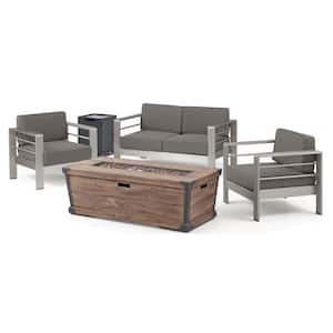 Cape Coral Silver 5-Piece Aluminum Patio Fire Pit Seating Set with Khaki Cushions