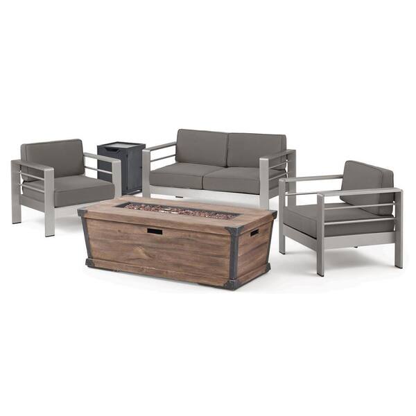 Noble House Cape Coral Silver 5-Piece Aluminum Patio Fire Pit Seating Set with Khaki Cushions