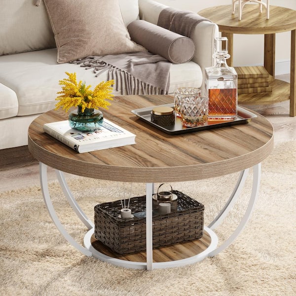 TRIBESIGNS WAY TO ORIGIN Inaayah 31.7 in. Brown and White Round Wood Coffee Table with Storage Modern Accent Center Table for Living Room