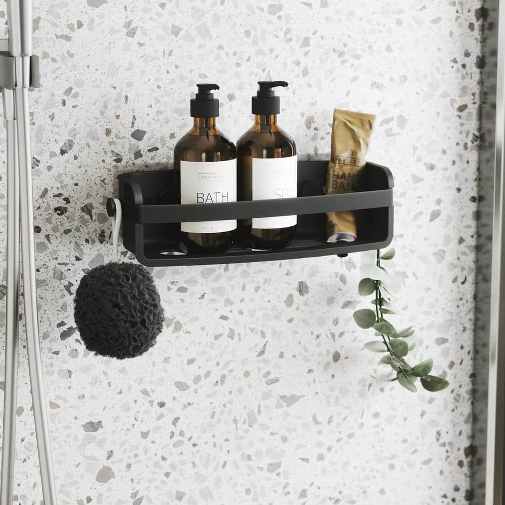 Black Plastic Suction Mount Shower Caddy with Adhesive Strips