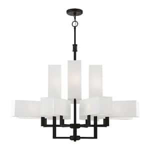 Rubix 12-Light Black Extra Large Foyer Chandelier with Off-White Fabric Shades with White Fabric Inside
