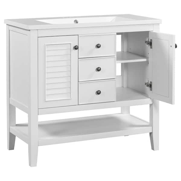 Polibi 35.98 in. W x 18.03 in. D x 34.38 in. H Single Sink Freestanding Bath Vanity in White with White Ceramic Top