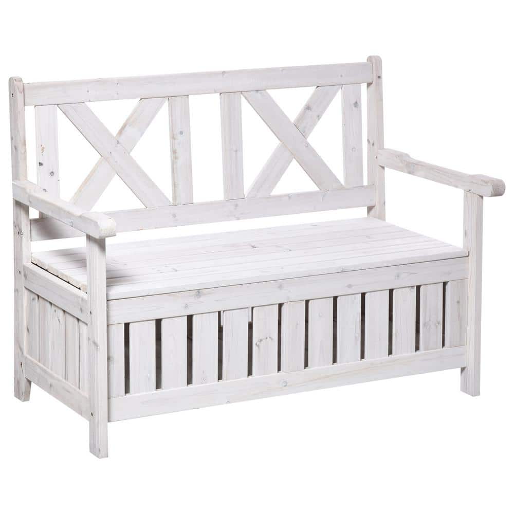 White Wood Outdoor Bench with 29 Gal. Storage Box and X-Shape Back