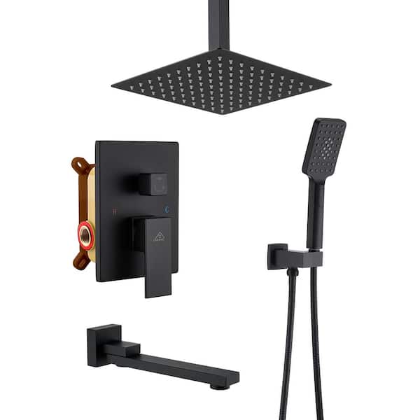 cadeninc Single Handle 3-Spray Ceiling Mount Tub and Shower Faucet with 1.8 GPM 10 in. Matte Black (Valve Included)