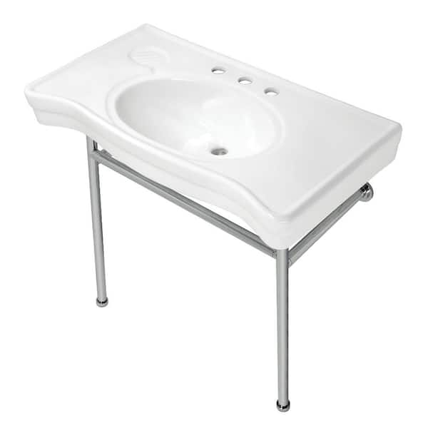 Kingston Brass Bristol 36 in. Ceramic Console Sink Set with Stainless Steel Legs in White/Polished Chrome