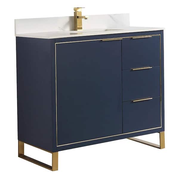 FINE FIXTURES Opulence 36 in. W x 18 in. D x 33.5 in. H Bath Vanity in Navy Blue with White Carrara Single sink Top