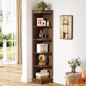 Jannelly 71 in. Tall Rustic Brown Engineered Wood 5-Shelf Corner Bookcase Bookshelf Narrow Shelf Rack for Small Space