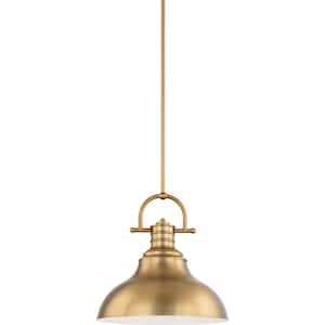 1-Light Integrated LED Indoor Restoration Brass Downrod Pendant with Bell-Shaped Bowl