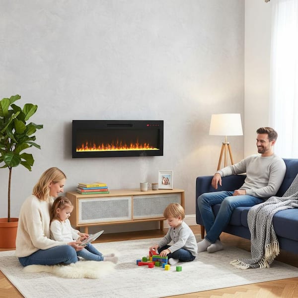 42 in. 1400-Watt Black 5000 BTU Recessed Electric Fireplace Utility Convection Infrared Space Heater with Remote