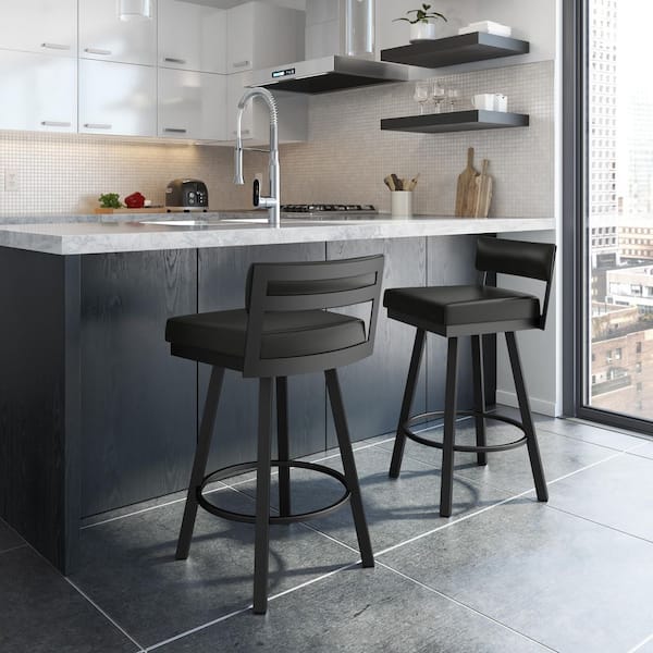 Travis 30 in. Black Faux Leather / Black Metal Swivel Bar Stool