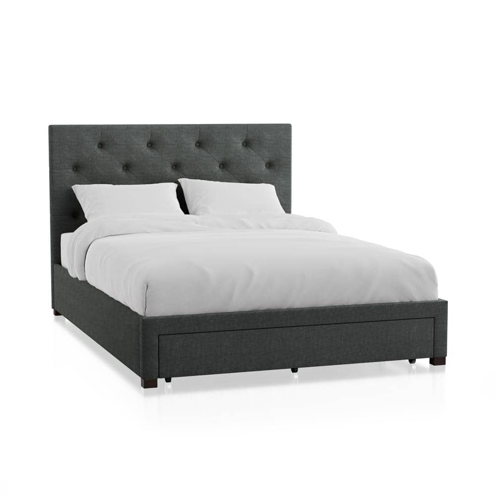 Stevies Dark Gray California King Upholstered Wood Frame Platform Bed With Foot Drawer -  Furniture of America, IDF-7218DG-CK