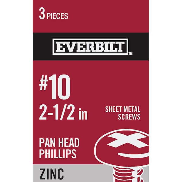 Everbilt #10 x 2-1/2 in. Phillips Pan Head Zinc Plated Sheet Metal Screw (3-Pack)