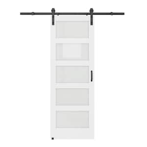 30 in. x 84 in. 5-Equal Lites with Frosted Glass White MDF Interior Sliding Barn Door with Hardware Kit and Soft Close