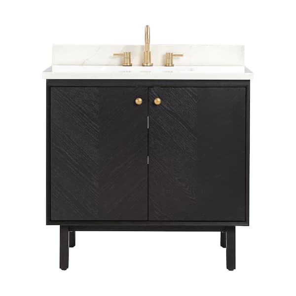 Adele 37 in. Single Sink Black Oak Bath Vanity with Calacatta White Quartz Top