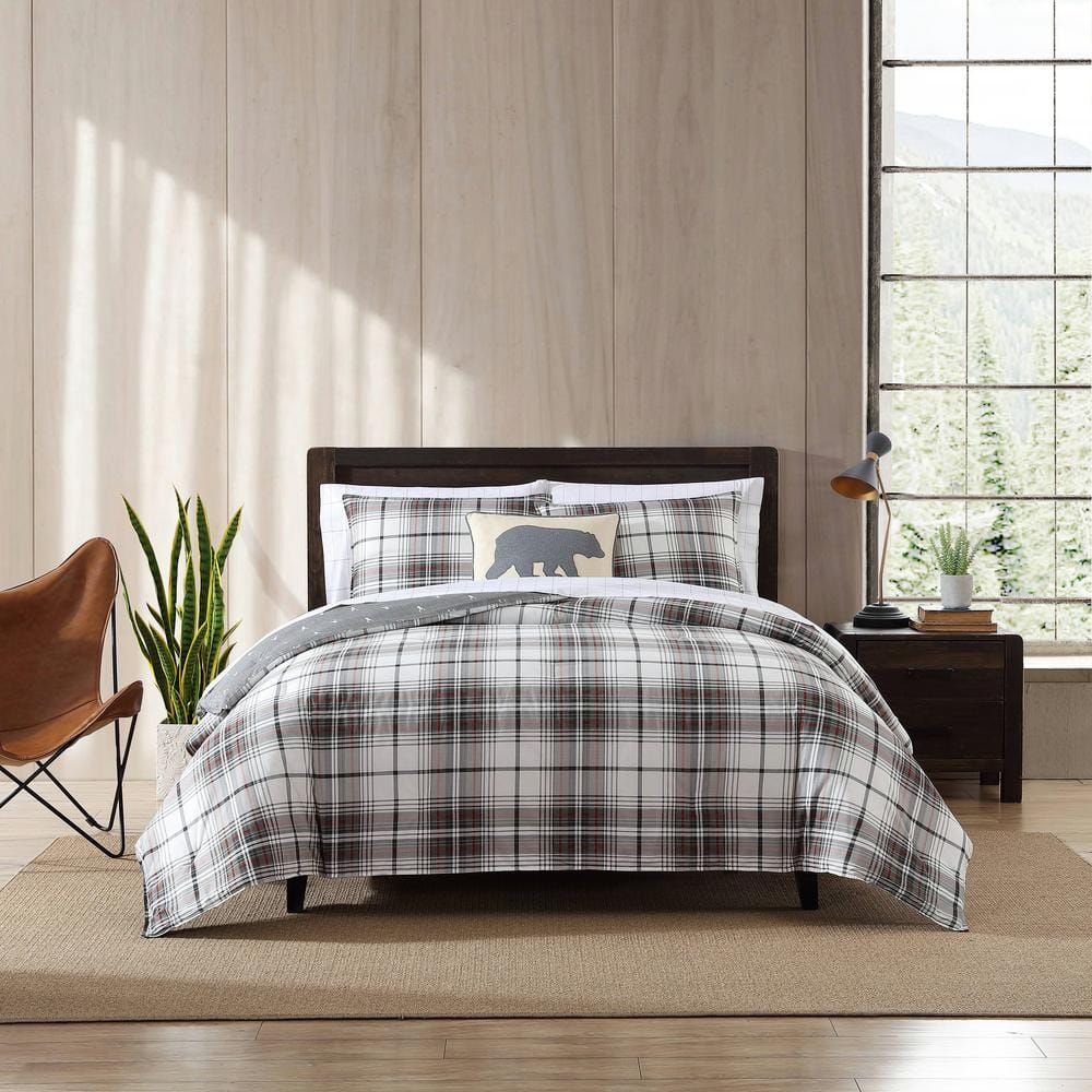 Queen Gray and Red Plaid Cotton Duvet Cover Set