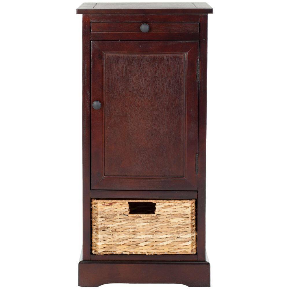 Dark Cherry Tall Accent Cabinet with Woven Basket