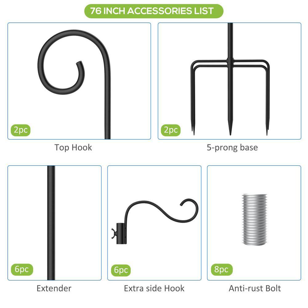 76-Inch Black Metal Outdoor Shepherd Hook with Adjustable Height