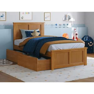 Madison Light Toffee Natural Bronze Solid Wood Frame Twin Platform Bed with Matching Footboard and Storage Drawers