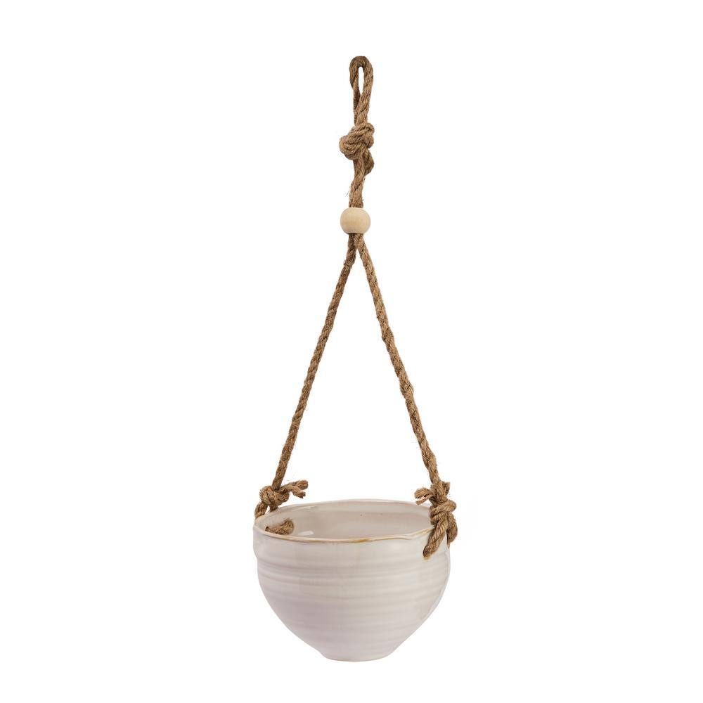 Storied Home White Ceramic Round Hanging Baskets with Wood Beaded Rope