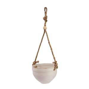 White Ceramic Round Hanging Baskets with Wood Beaded Rope