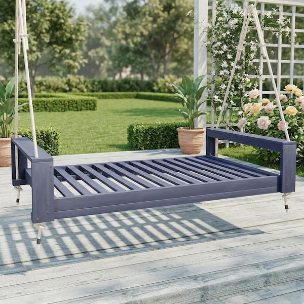 2-Person Gray Acacia Wood Porch Swing Bed, Twin Size Patio Swing