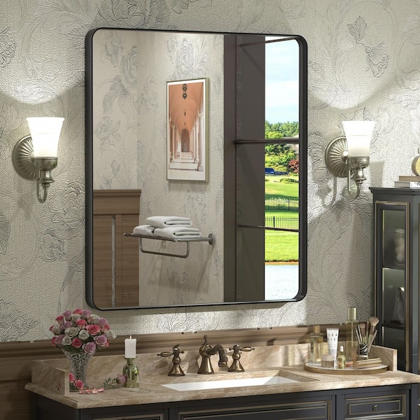 28 in. W x 32 in. H Rectangular Tempered Glass and Aluminum Alloy Framed Wall Bathroom Vanity Mirror in Matte Black