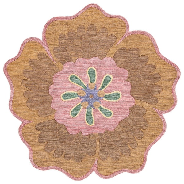 Novelty 6 ft. x 6 ft. Gold/Pink Floral Round Area Rug